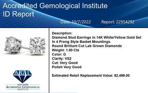 AGI Certified Lab Grown Diamond (G-Vs) Stud Earrings in 14K White or Yellow Gold - Choose 1 CTW or 2 CTW