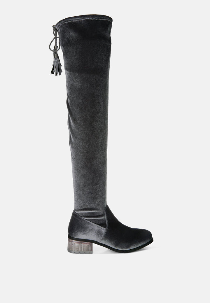 Rumple Velvet Over the Knee Clear Heel Boots