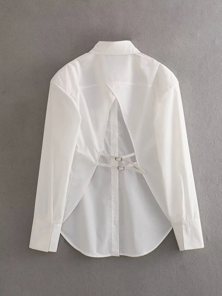 Vintage Women Stylish Backless Shirts 2023 Fashion Ladies Casual Long Sleeve White Shirt Streetwear Female Chic Tops Loose