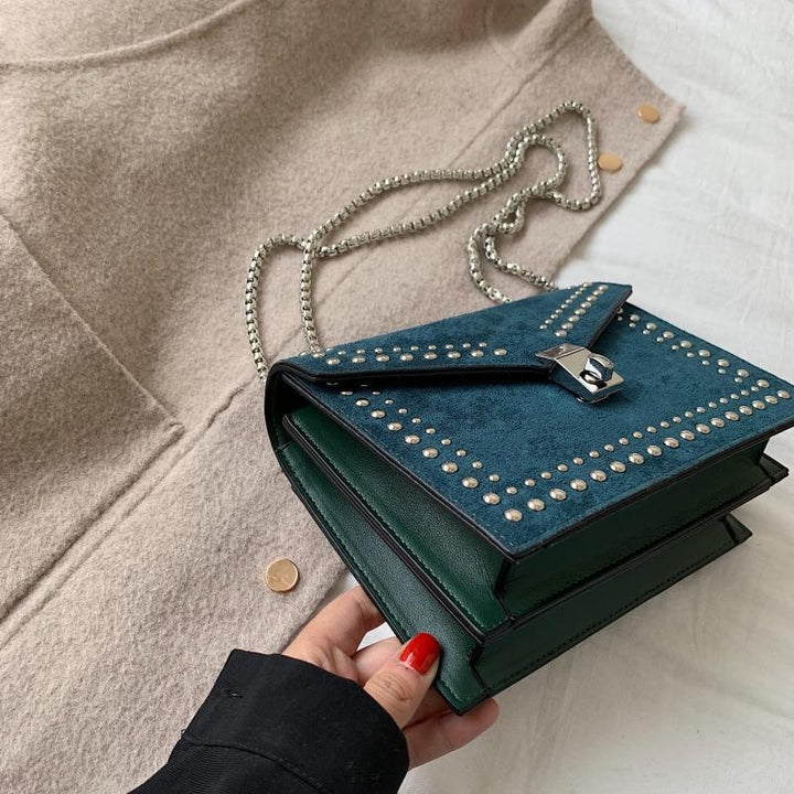 Scrub Leather Chain Rivet Lock Shoulder Bag