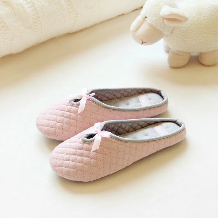 Lovely Bowtie Winter Women Home Slippers for Indoor Bedroom House Soft Bottom Cotton Warm Shoes Adult Guests Flats