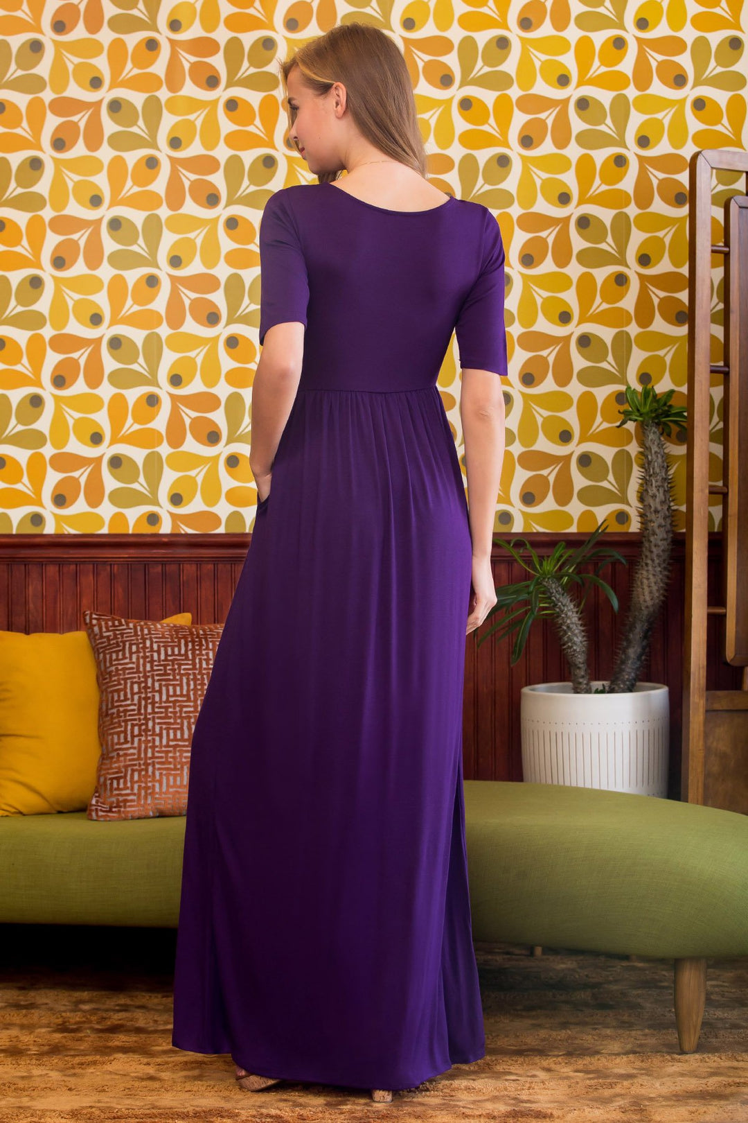 Half Sleeve Scoop Neck Pocket Maxi Dress