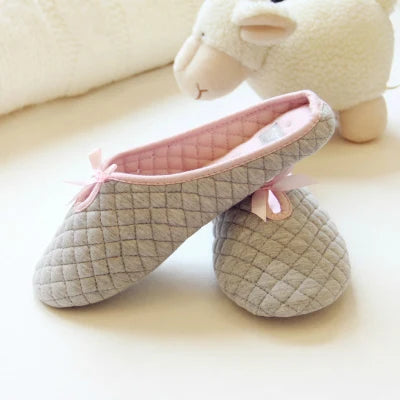 Lovely Bowtie Winter Women Home Slippers for Indoor Bedroom House Soft Bottom Cotton Warm Shoes Adult Guests Flats