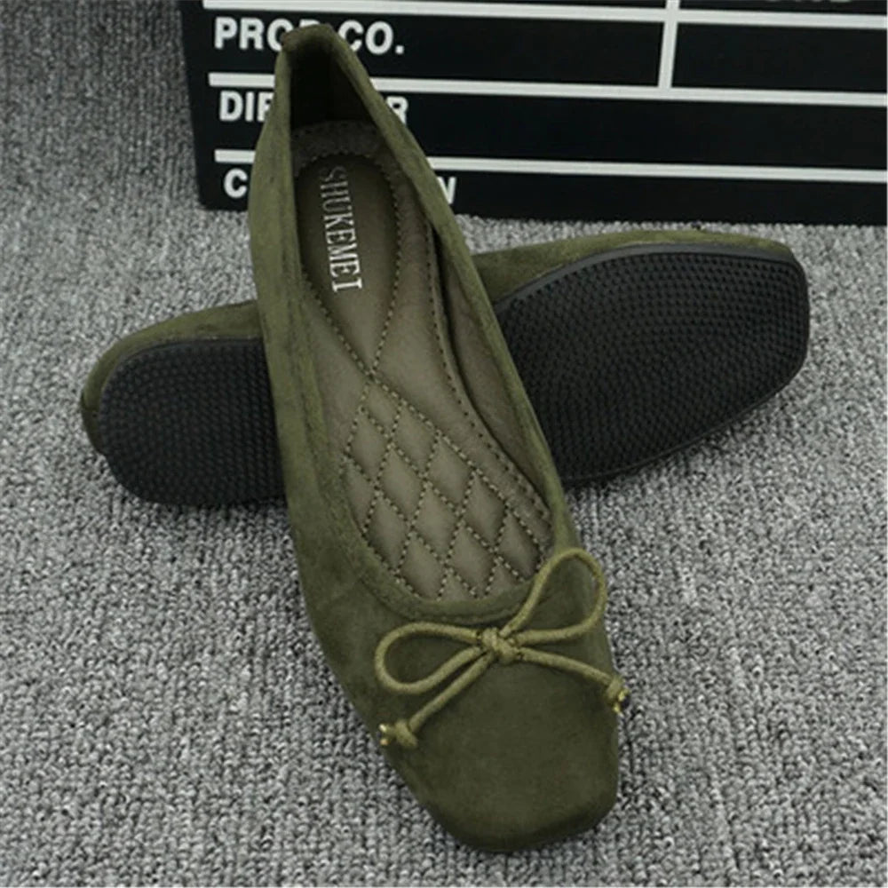 2024soft Suede Joker Ballerina Floating Shoes Flat-Bottomed Version of Square Sole Pregnant Women's Large Size Boat Shoes Women