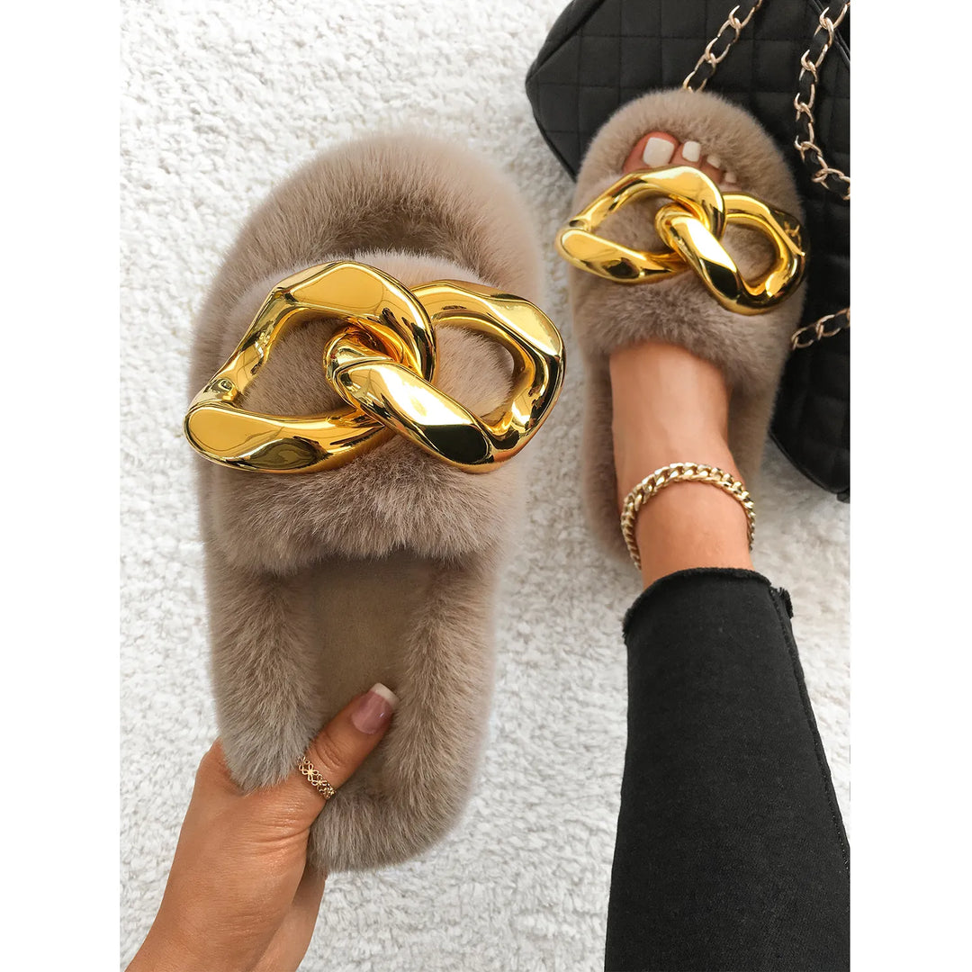 Furry Fur Slides Gold Chain Plush Slippers Fluffy Flip Flops Designer Faux Fur Slippers Cozy Slip on Flats Women's Fashion Shoes