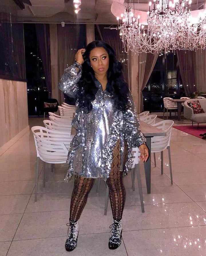 J&H 2022 New Design Metallic Dresses Women Long Sleeve Ruffled Spring Mini Dress With Slit Sexy Sparkling Clothes Clubwear