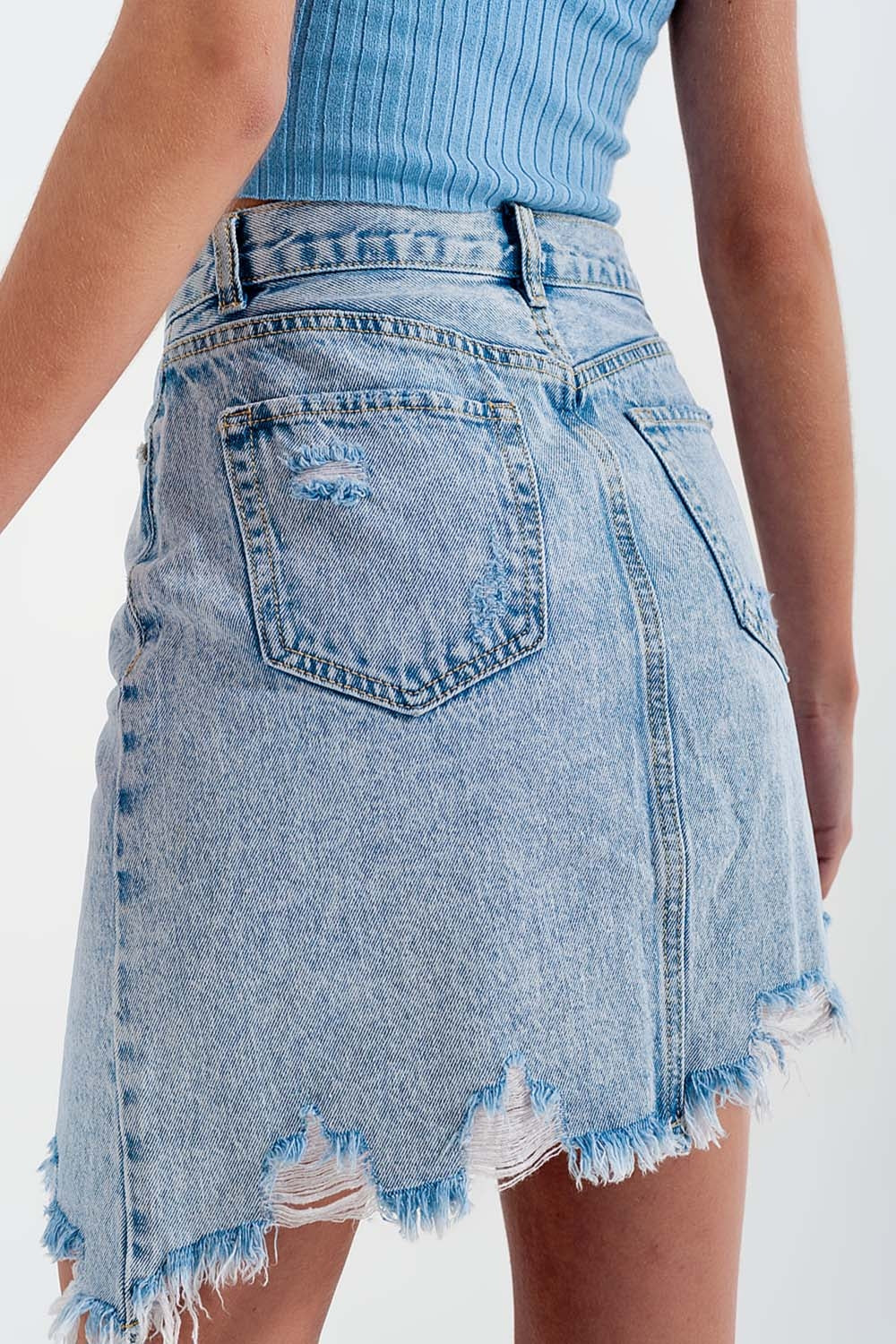 Distressed Denim Skirt in Bleach Wash