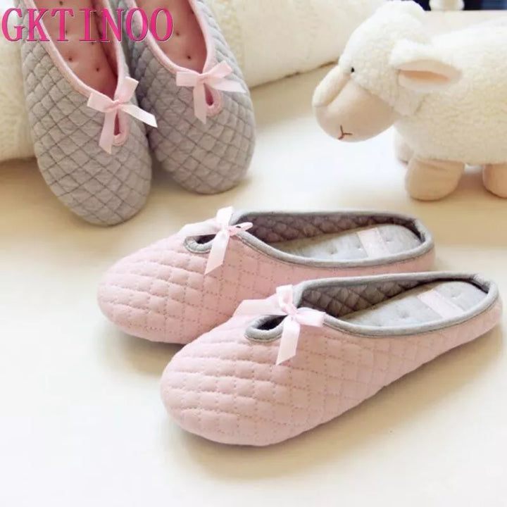 Lovely Bowtie Winter Women Home Slippers for Indoor Bedroom House Soft Bottom Cotton Warm Shoes Adult Guests Flats