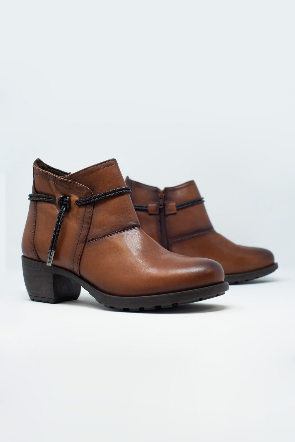 Brown Blocked Mid Heeled Ankle Boots With Round Toe