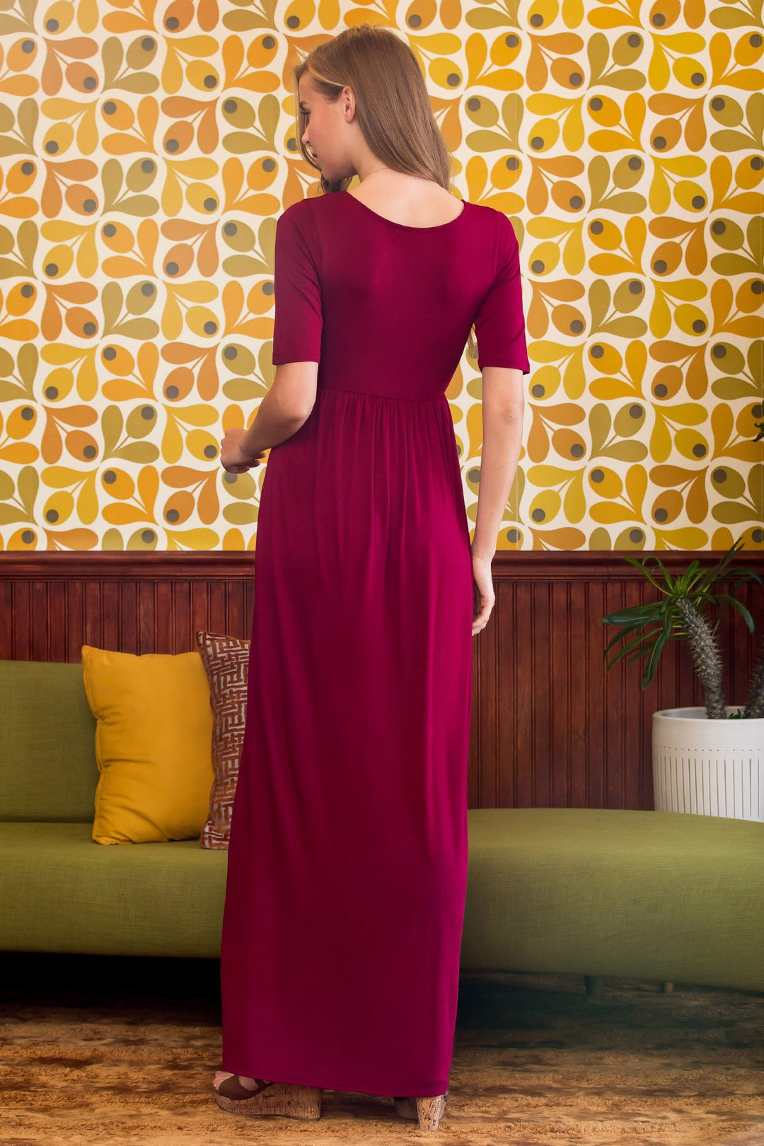 Half Sleeve Scoop Neck Pocket Maxi Dress