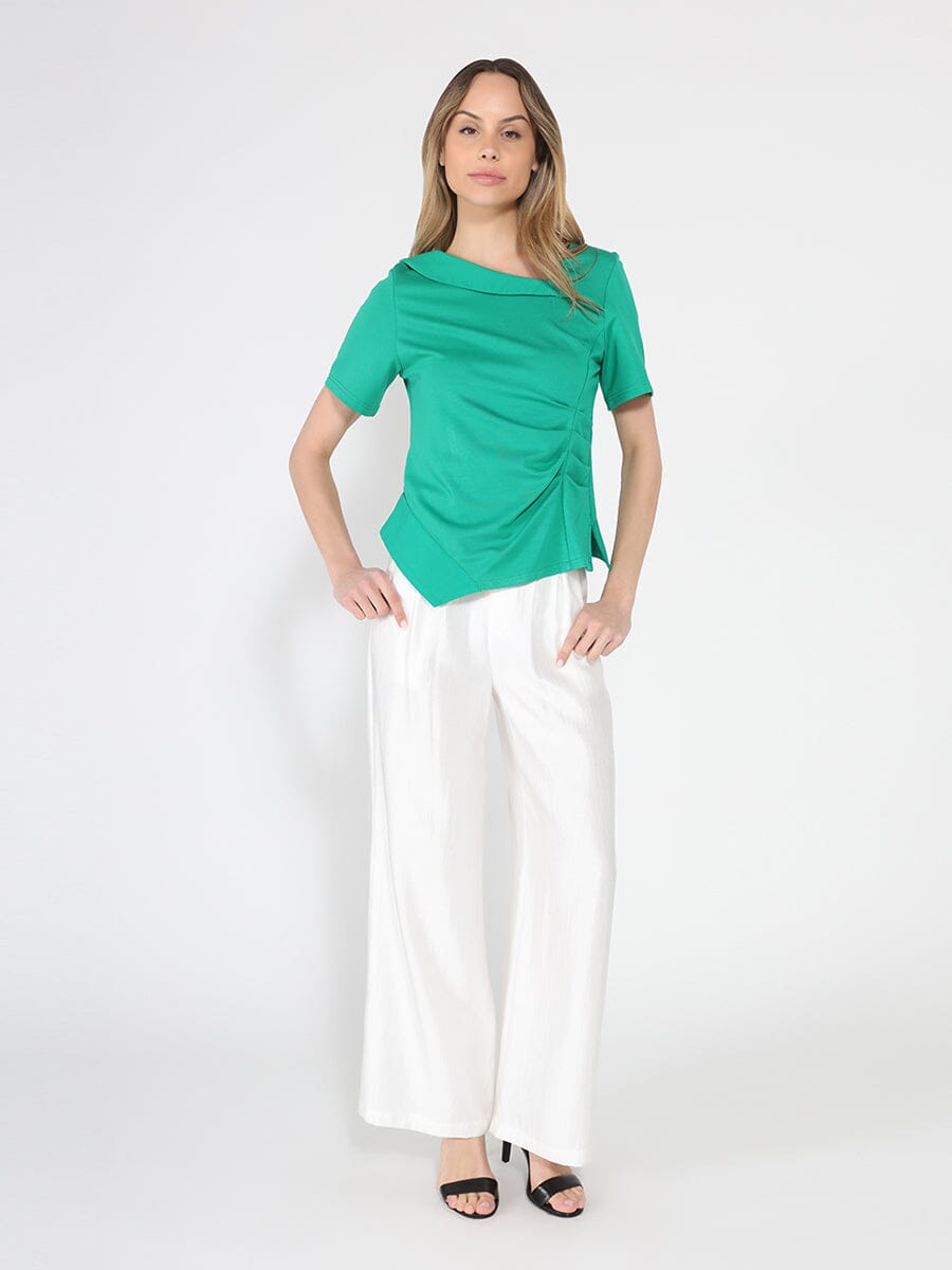 Asymmetrical neck ruched detail solid top