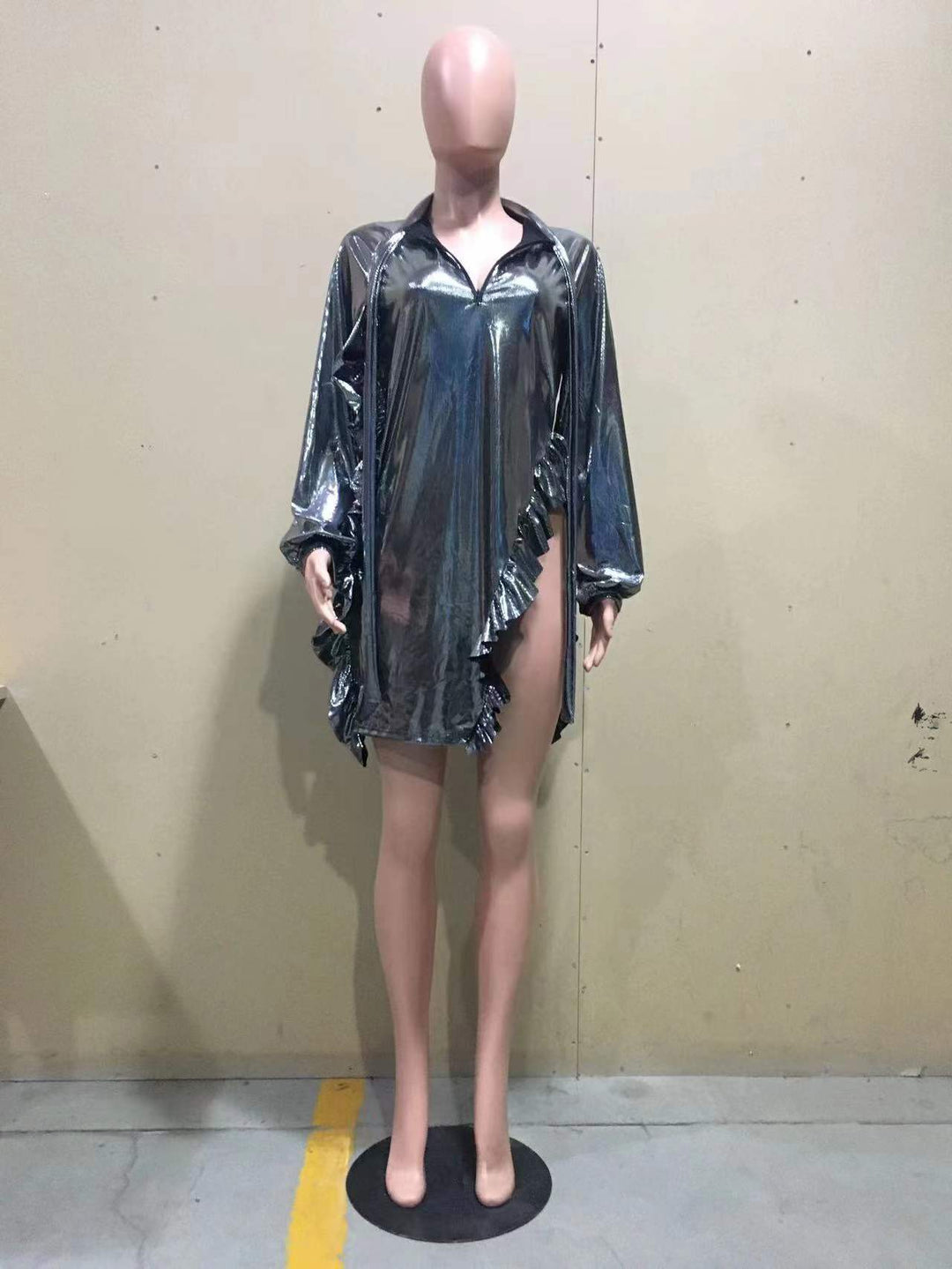 J&H 2022 New Design Metallic Dresses Women Long Sleeve Ruffled Spring Mini Dress With Slit Sexy Sparkling Clothes Clubwear