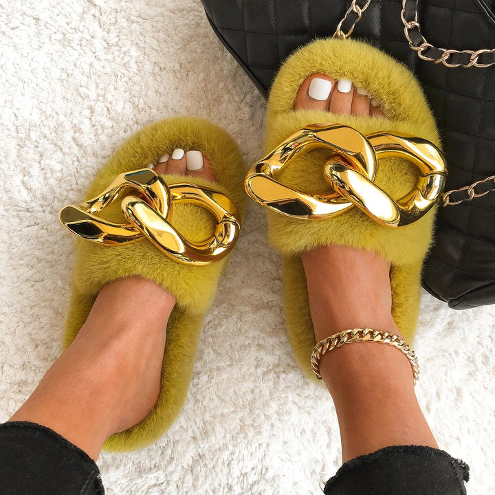 Furry Fur Slides Gold Chain Plush Slippers Fluffy Flip Flops Designer Faux Fur Slippers Cozy Slip on Flats Women's Fashion Shoes