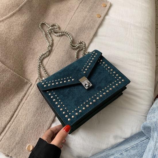 Scrub Leather Chain Rivet Lock Shoulder Bag