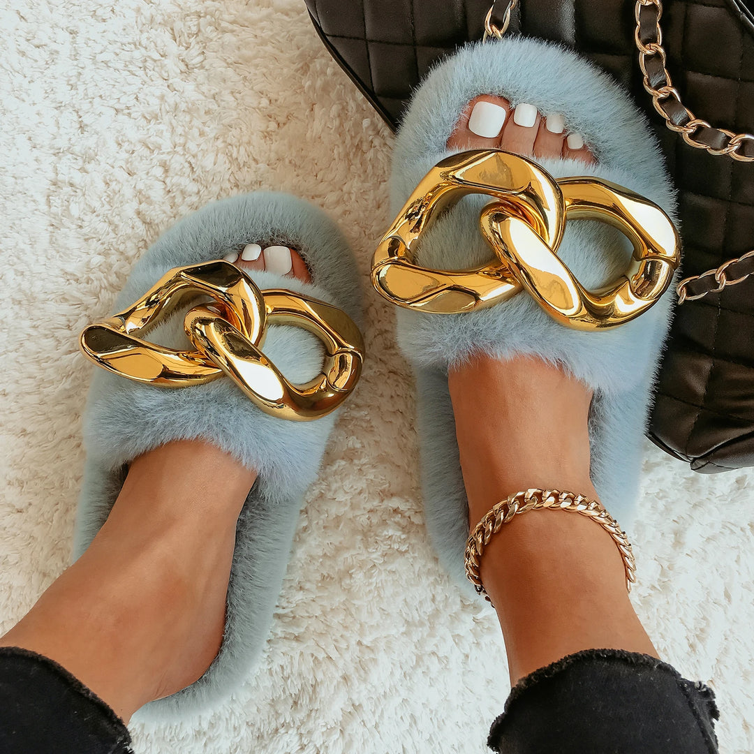 Furry Fur Slides Gold Chain Plush Slippers Fluffy Flip Flops Designer Faux Fur Slippers Cozy Slip on Flats Women's Fashion Shoes