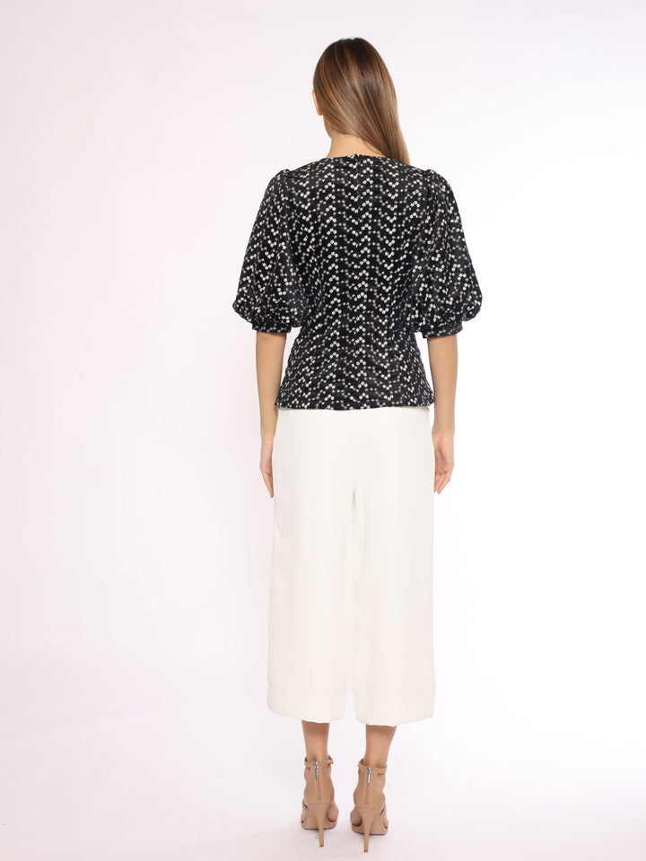 Flower Embroidered Puff Sleeve Peplum Style Blouse