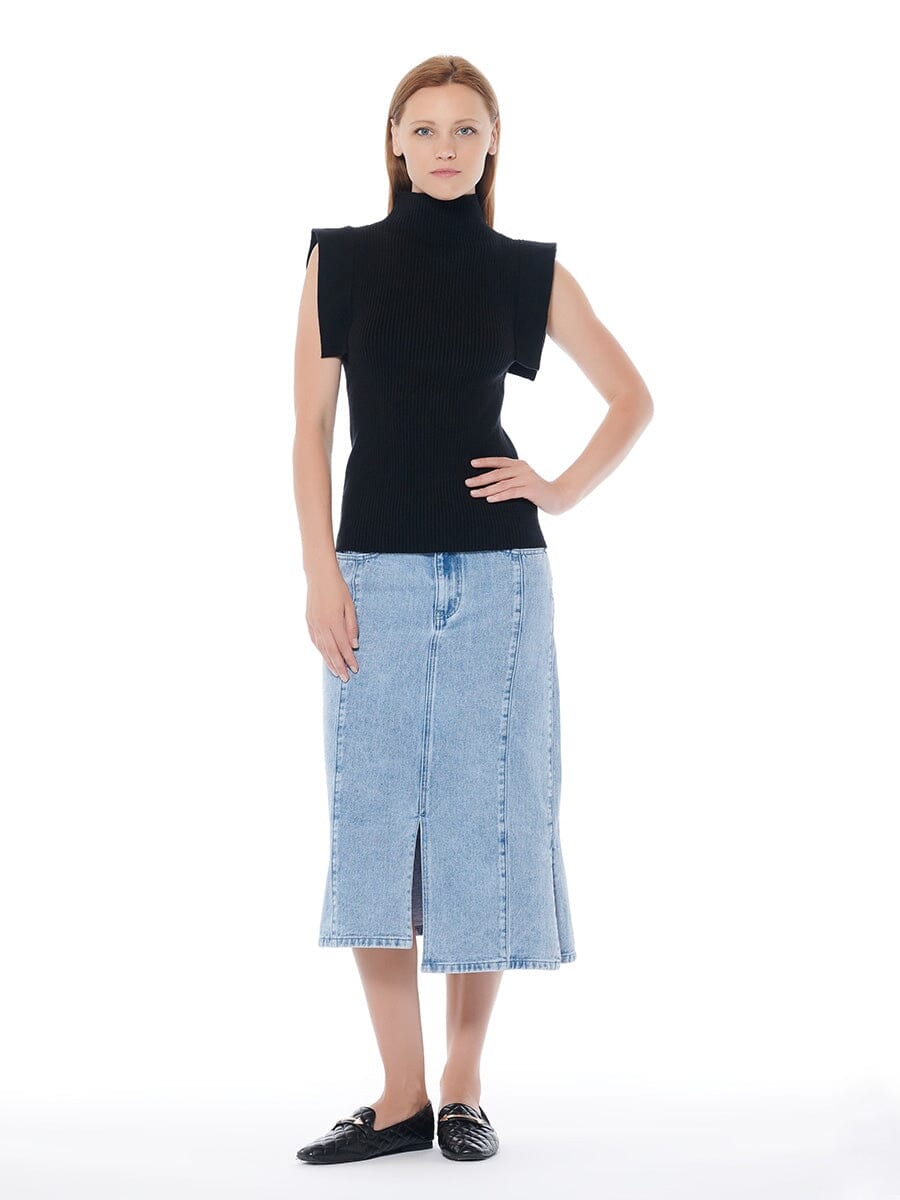 Front & Side Slit Straight Cut Midi Denim Skirt