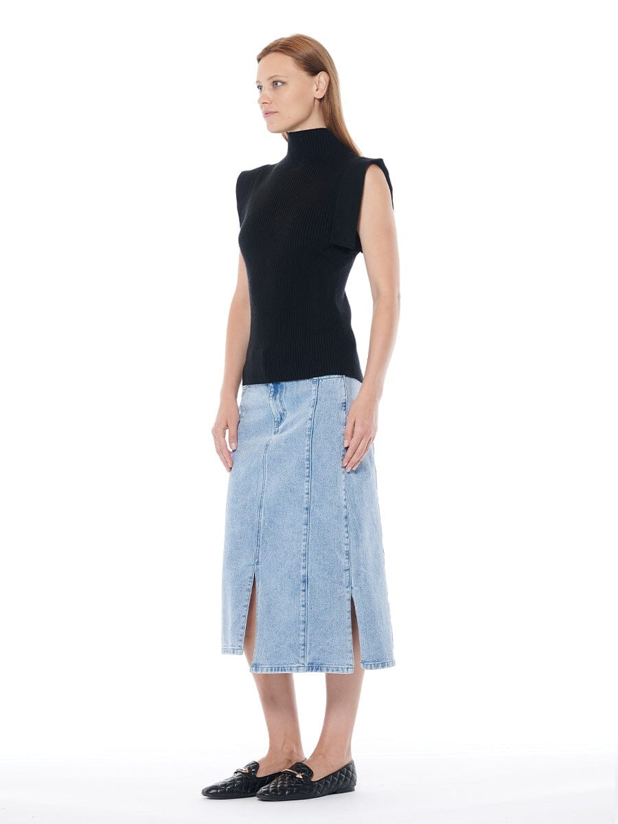 Front & Side Slit Straight Cut Midi Denim Skirt