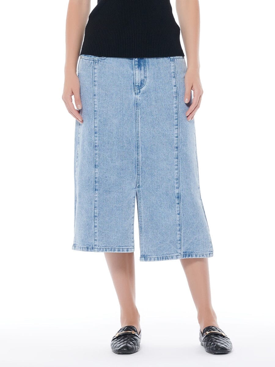 Front & Side Slit Straight Cut Midi Denim Skirt