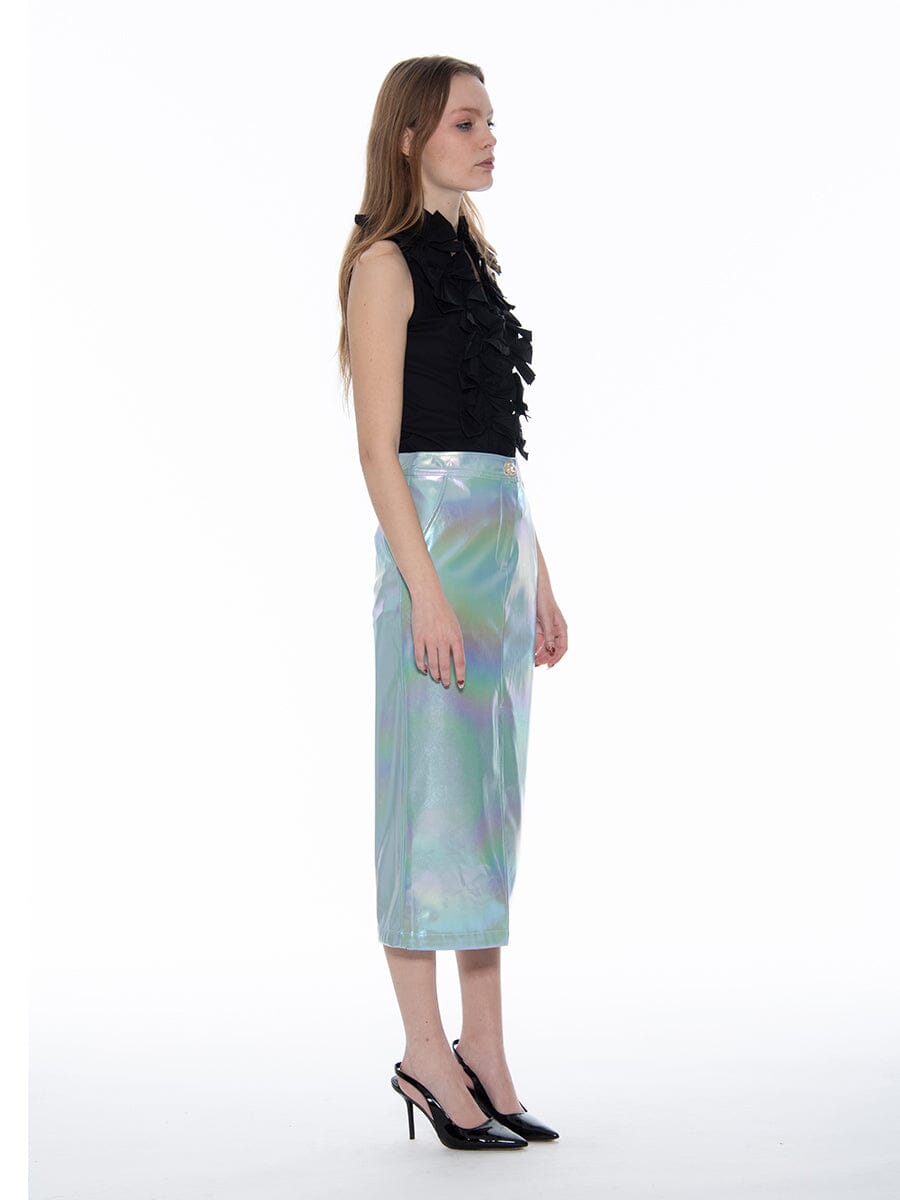 Front Slit Metallic Pleather Pencil Skirt
