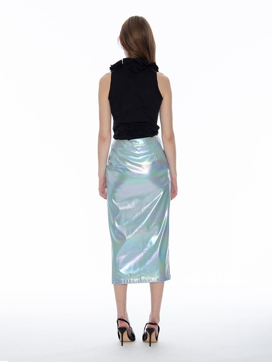 Front Slit Metallic Pleather Pencil Skirt