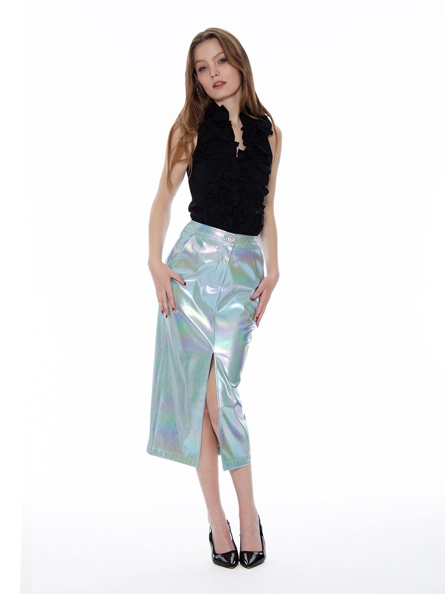 Front Slit Metallic Pleather Pencil Skirt