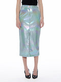Front Slit Metallic Pleather Pencil Skirt
