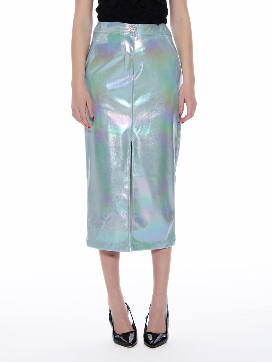 Front Slit Metallic Pleather Pencil Skirt