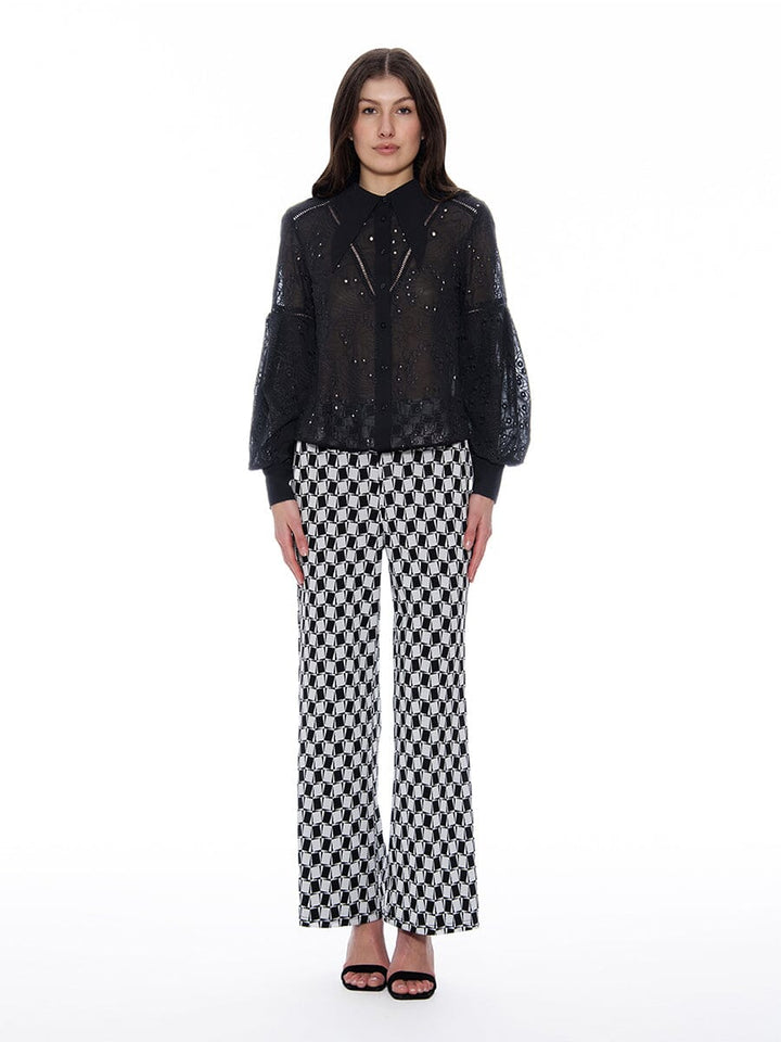 Long Sleeve Button Cuff Eyelet Collared Top