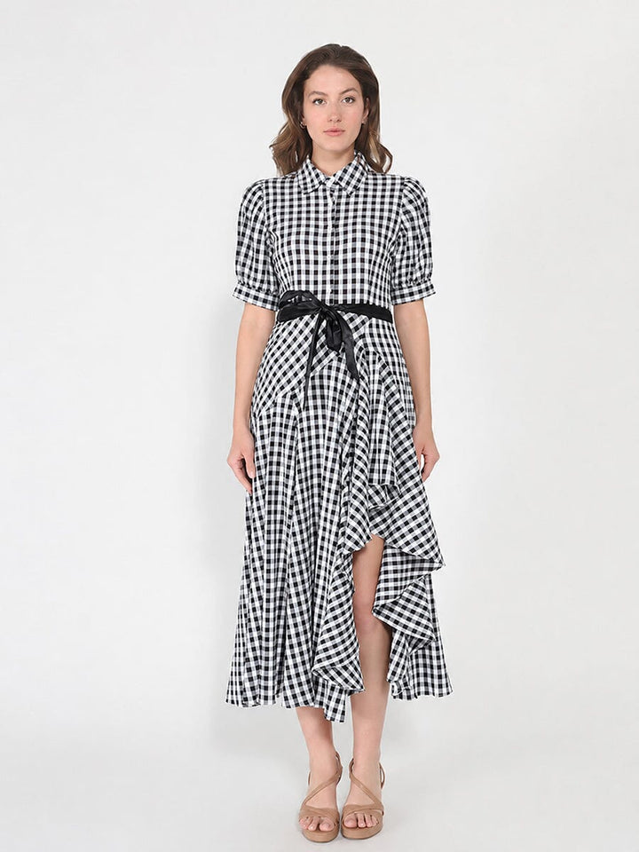 Plaid Pattern Asymmetrical Ruffle Midi Dress