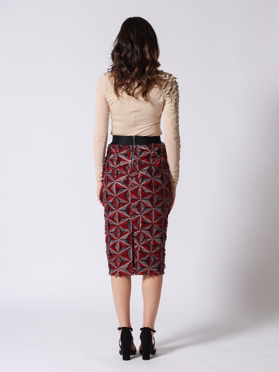 Sequin Beaded Pinwheel Motifs Banding Midi Skirt
