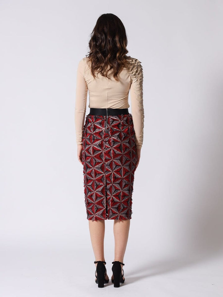 Sequin Beaded Pinwheel Motifs Banding Midi Skirt