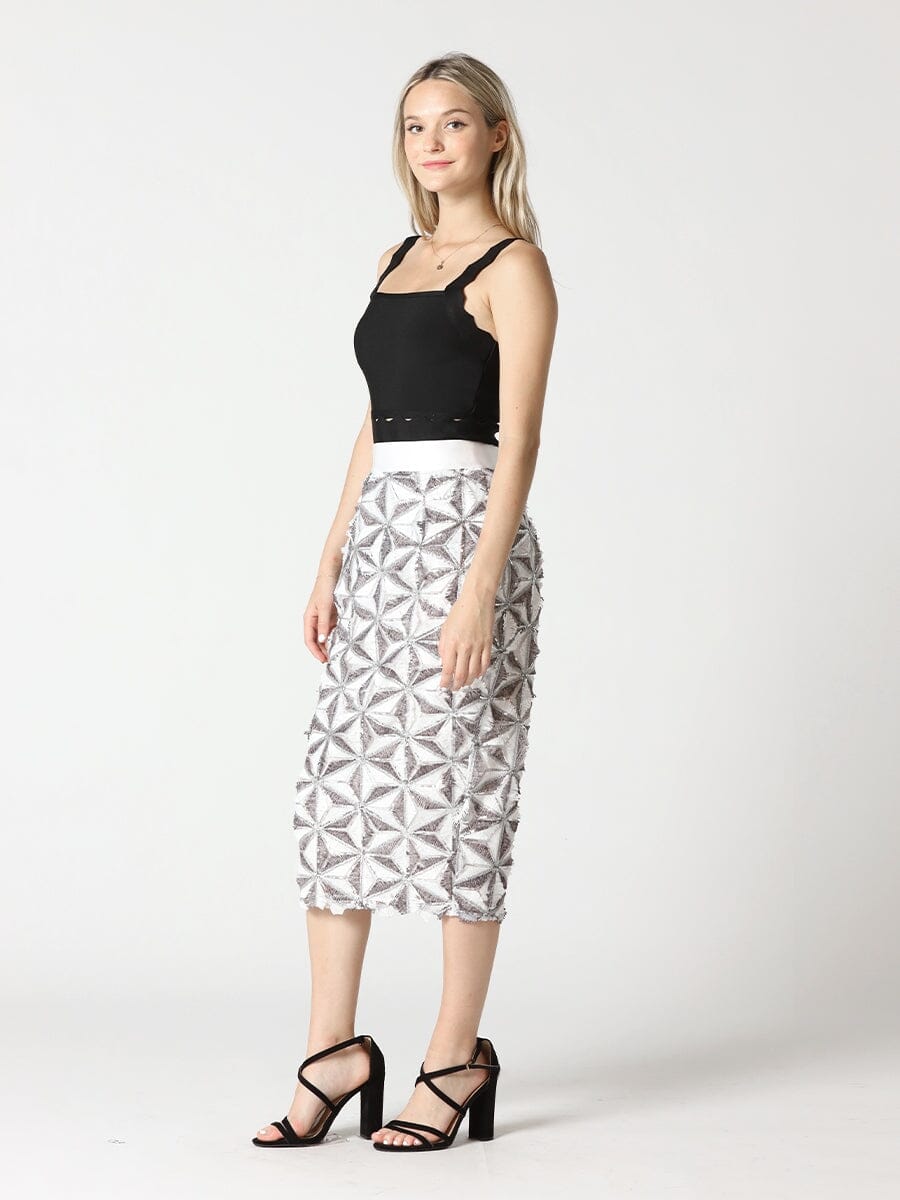 Sequin Beaded Pinwheel Motifs Banding Midi Skirt