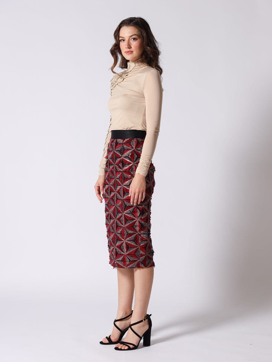 Sequin Beaded Pinwheel Motifs Banding Midi Skirt