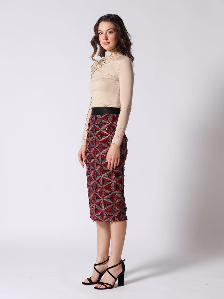 Sequin Beaded Pinwheel Motifs Banding Midi Skirt