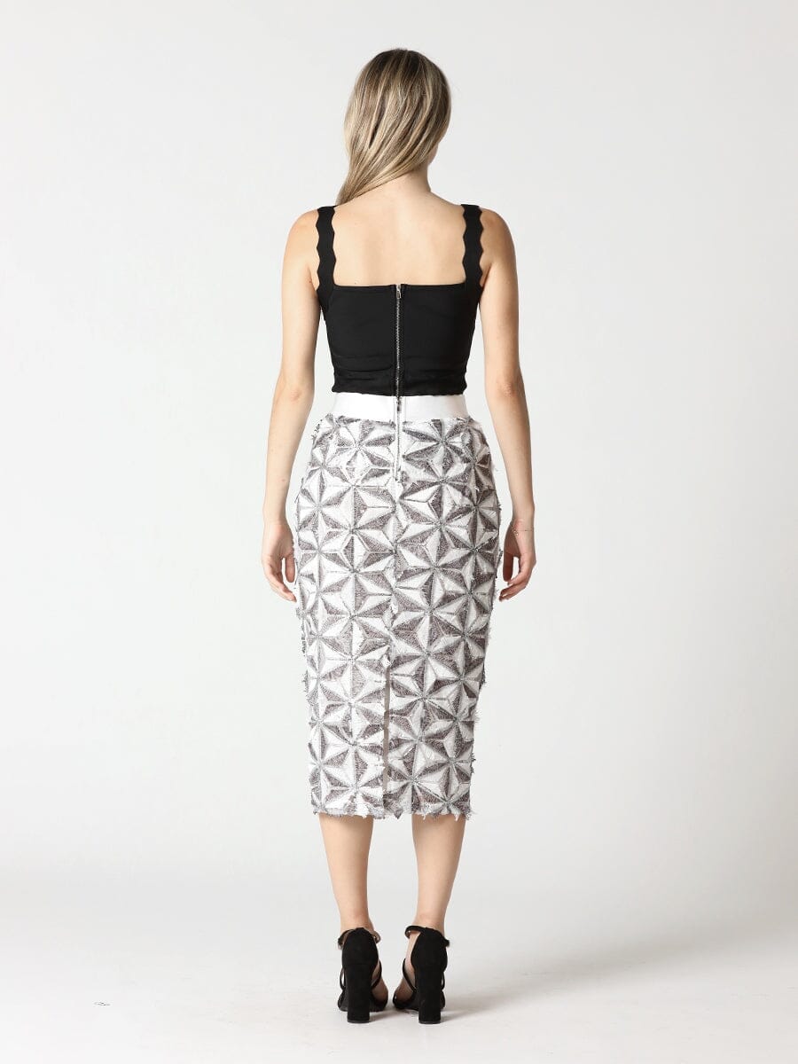 Sequin Beaded Pinwheel Motifs Banding Midi Skirt