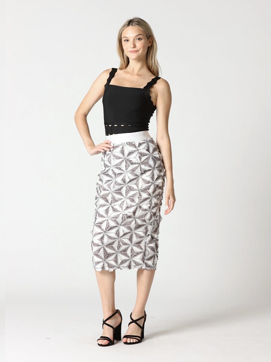 Sequin Beaded Pinwheel Motifs Banding Midi Skirt