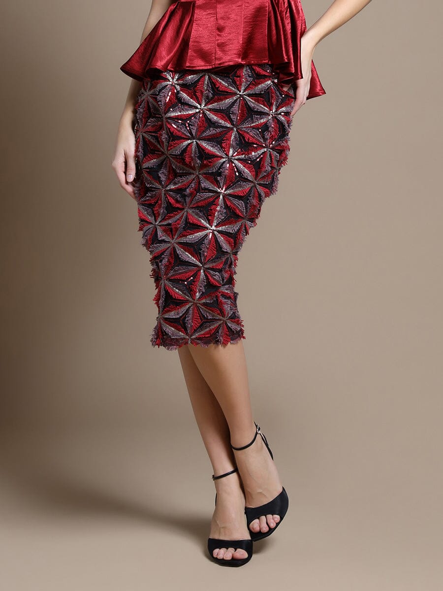 Sequin Beaded Pinwheel Motifs Banding Midi Skirt