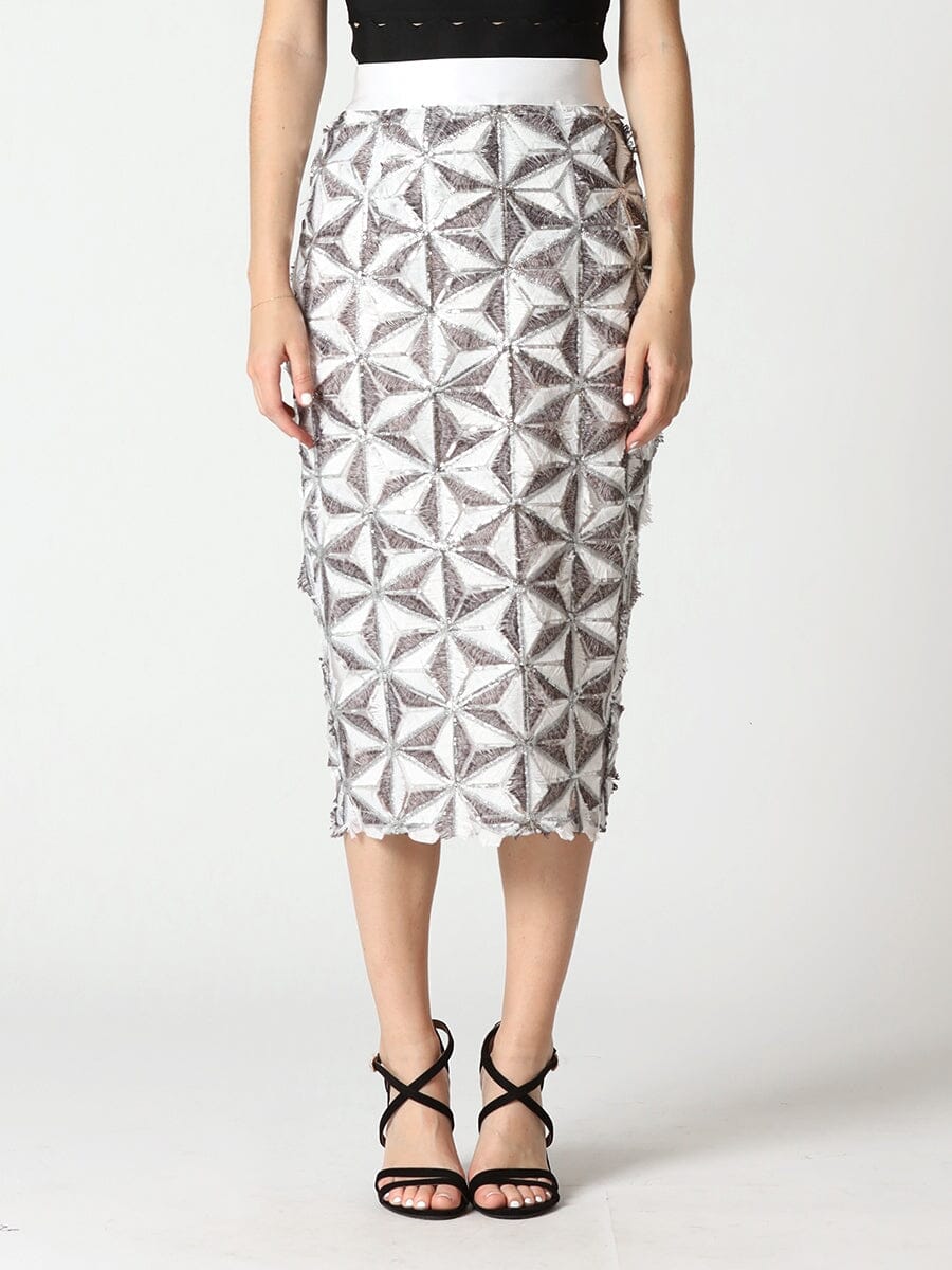 Sequin Beaded Pinwheel Motifs Banding Midi Skirt