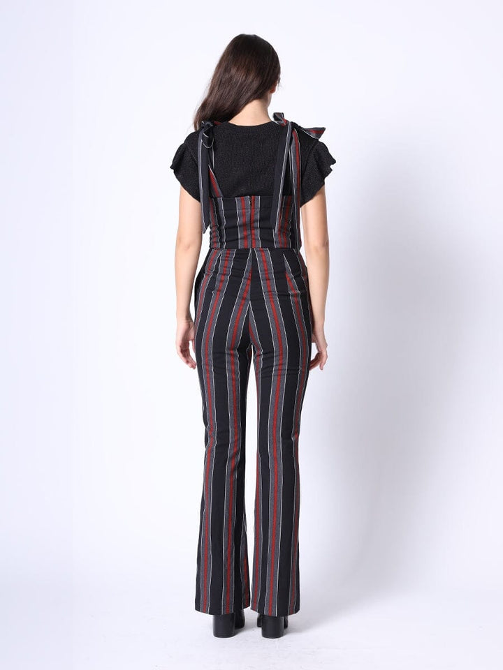 Tie-Shoulder Wide Leg Striped Overall Jumpsuit