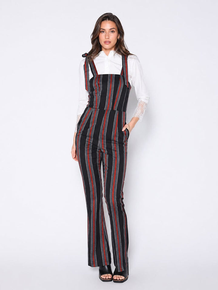 Tie-Shoulder Wide Leg Striped Overall Jumpsuit