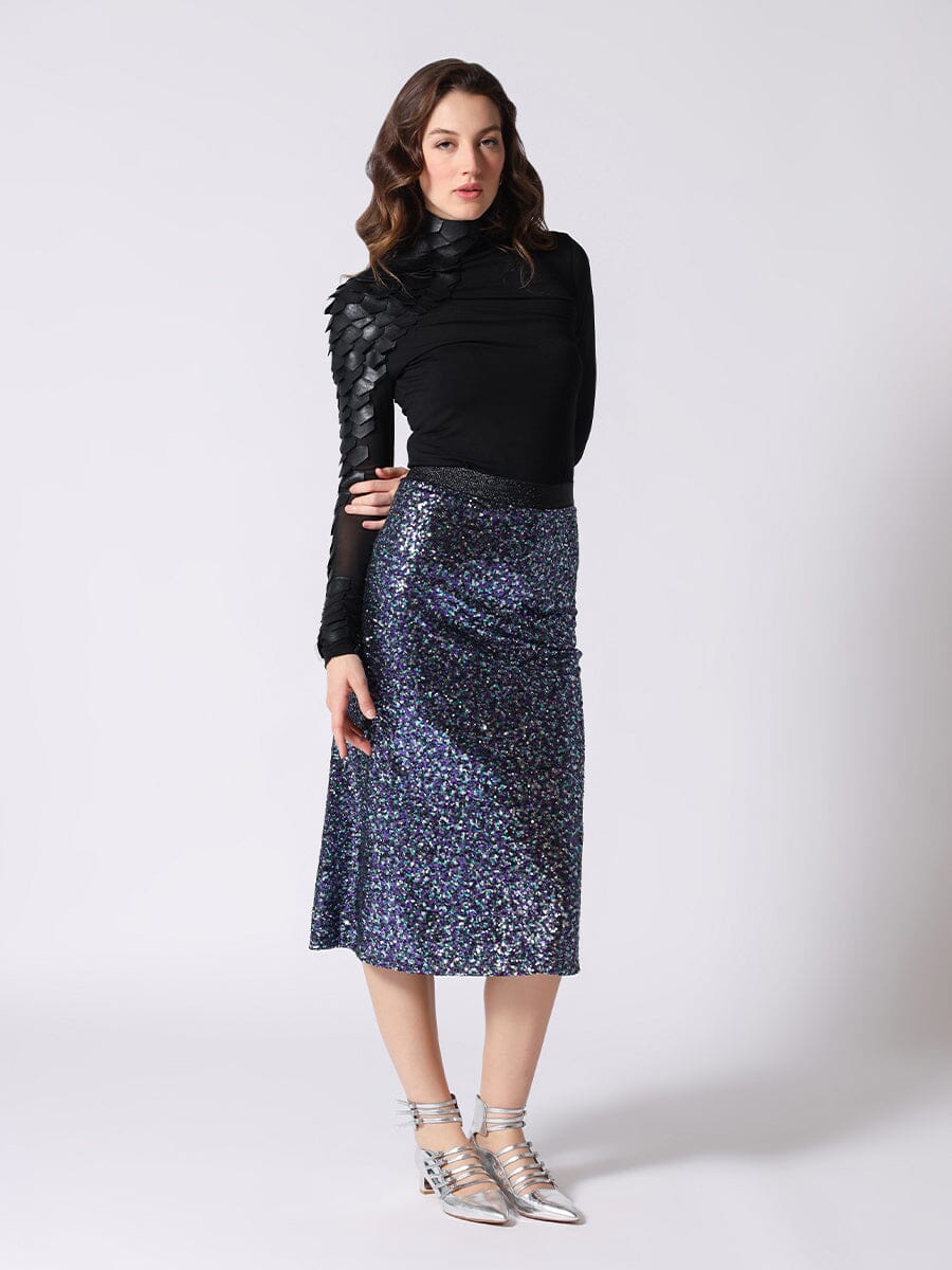 Whole Spangle Shiny Banding Midi Skirt