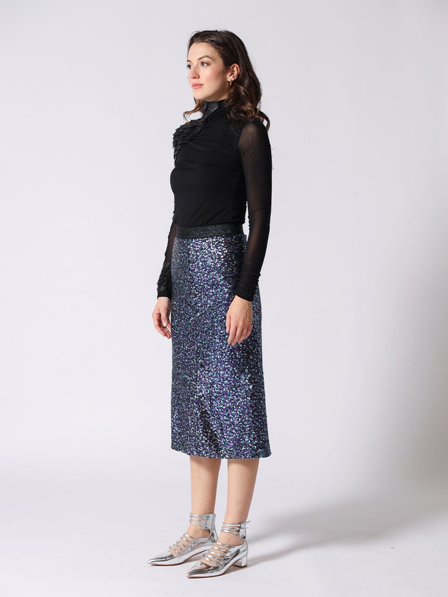 Whole Spangle Shiny Banding Midi Skirt