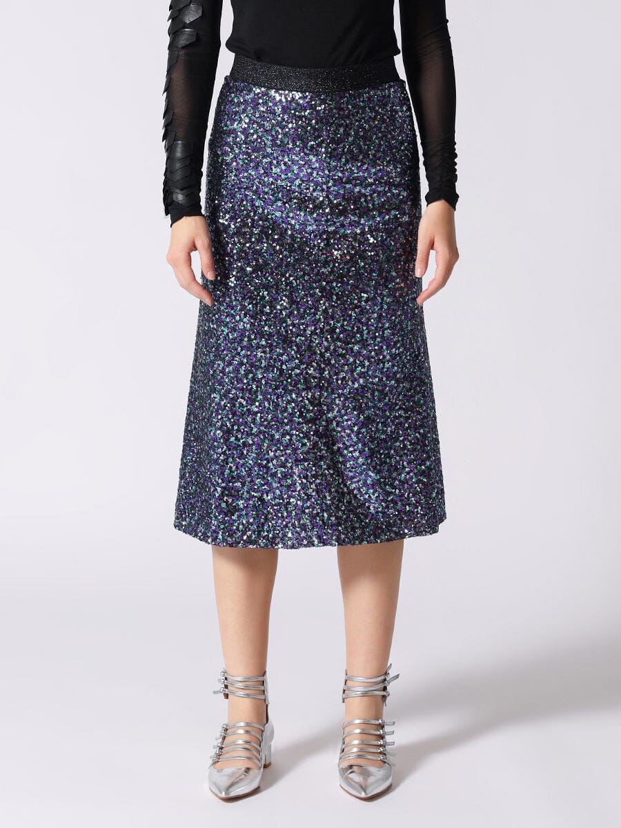 Whole Spangle Shiny Banding Midi Skirt