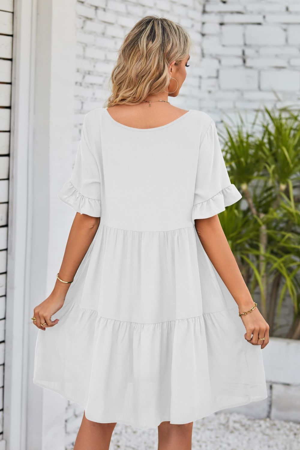 V-Neck Flounce Sleeve Tiered Dress