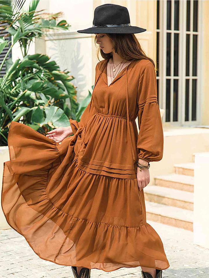 Tie Neck Long Sleeve Midi Tiered Dress