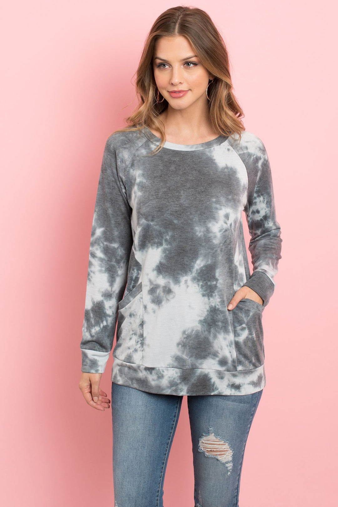 Tie Dye Long Sleeve Top With Kangaroo Pocket