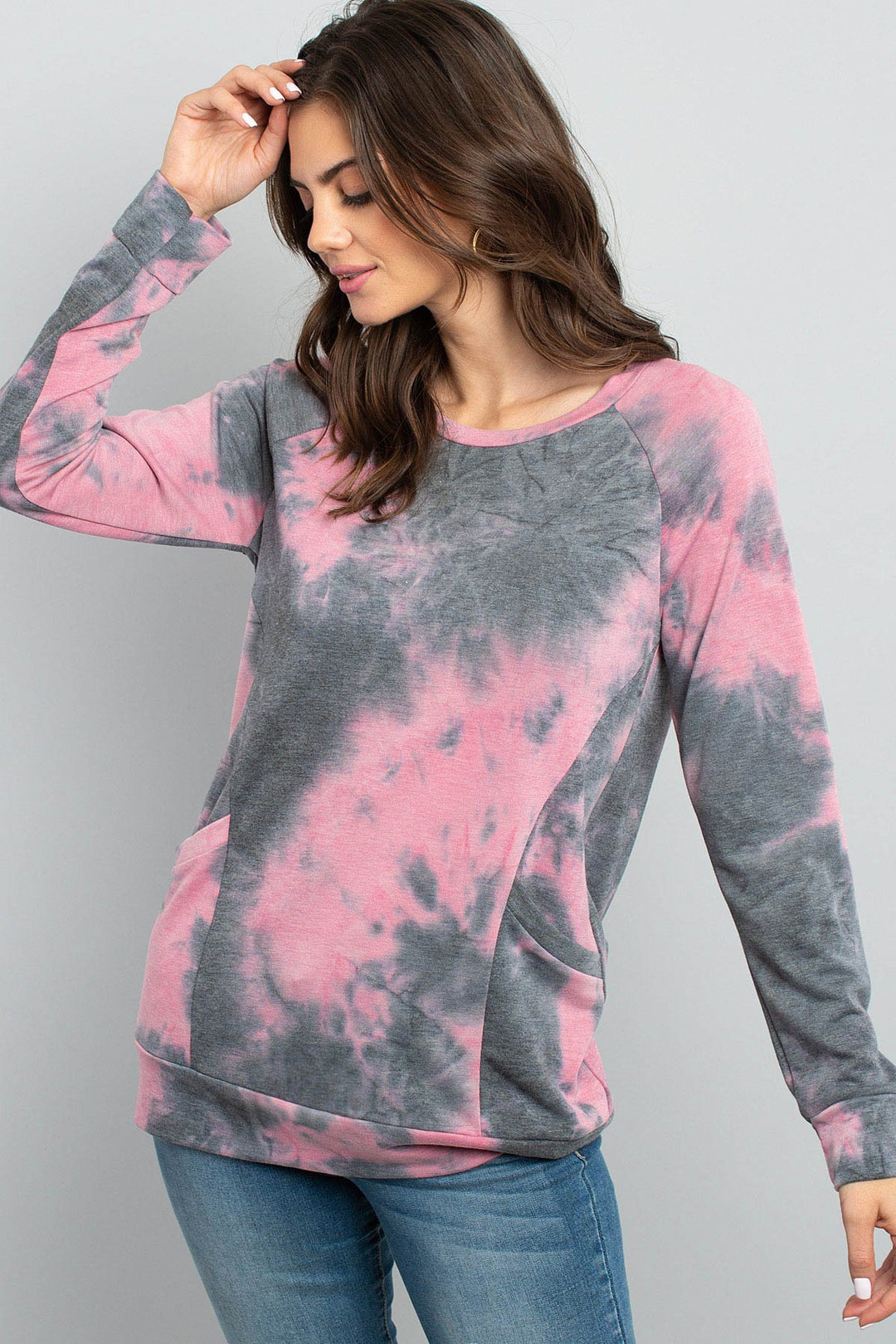 Tie Dye Long Sleeve Top With Kangaroo Pocket