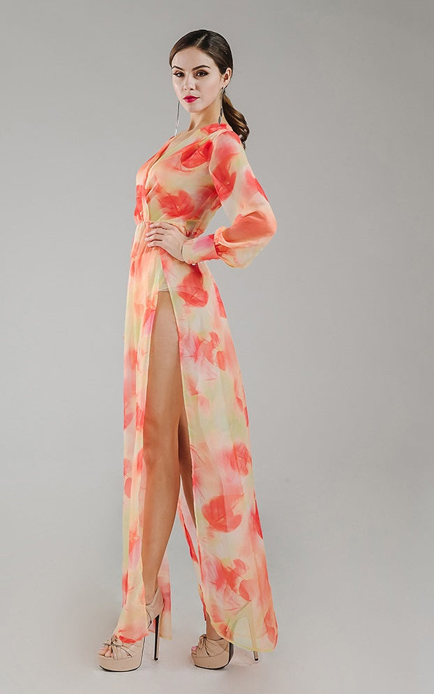 Orange Chiffon Floral Maxi Dress