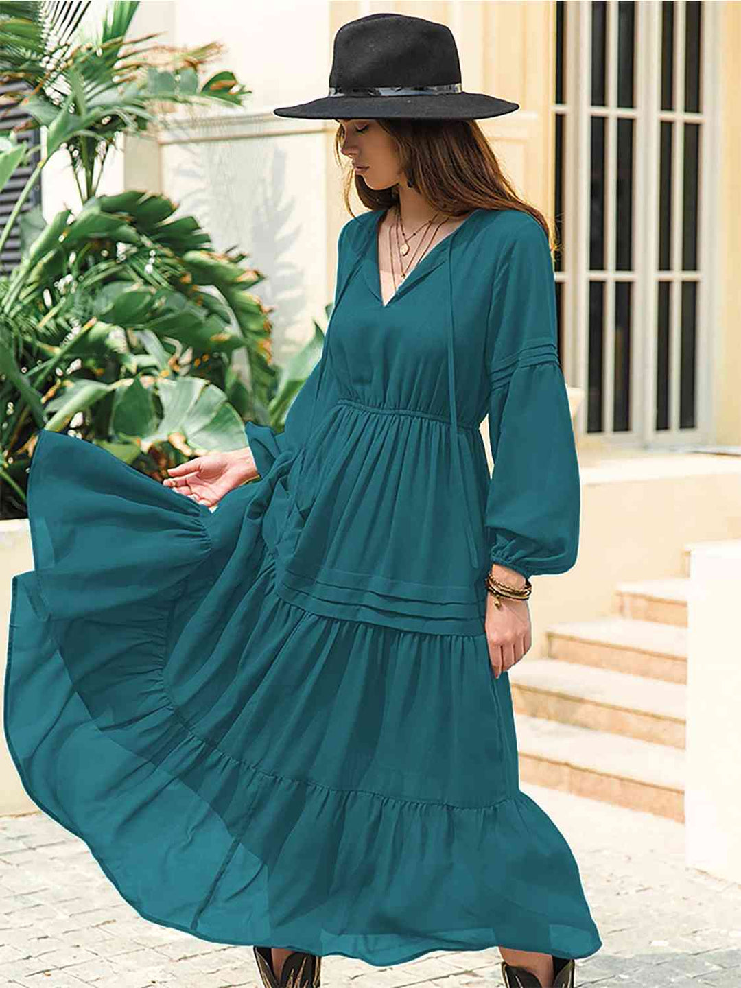 Tie Neck Long Sleeve Midi Tiered Dress